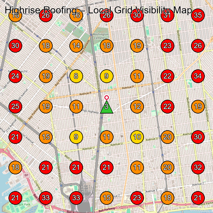 Highrise Roofing GeoGrid visibility map for Roofing Contractor in Brooklyn